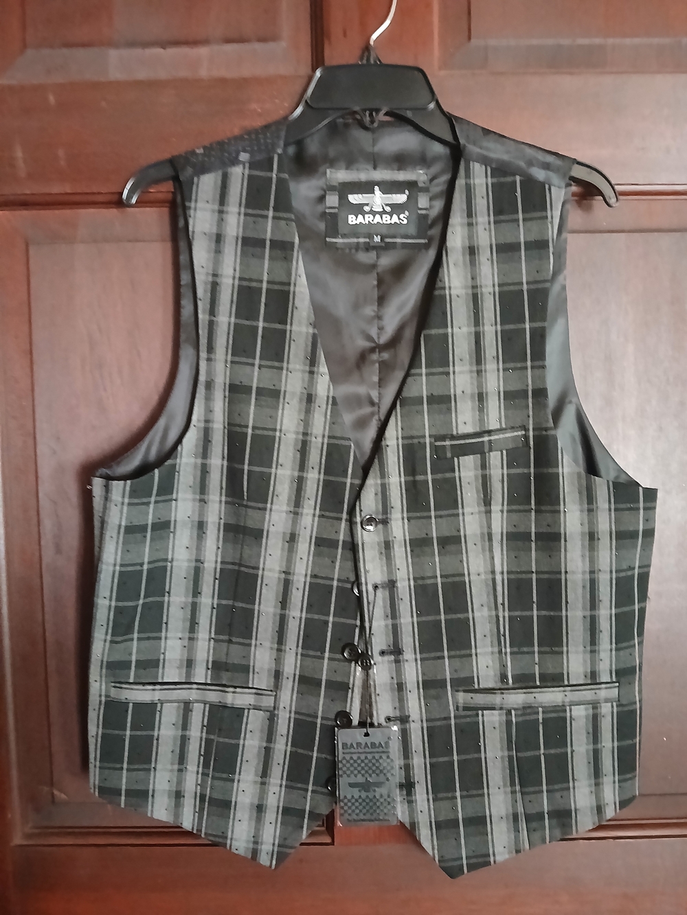 Men's Barabas Black and Gray Plaid Vest Size M Rhinestone Embellishments NWT